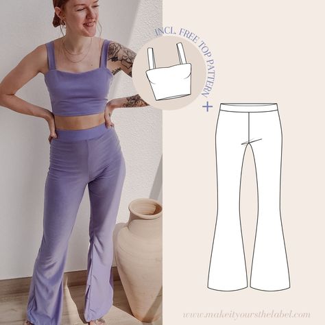 Flare Pants Pattern, High Waist Flare Pants, Free Crop Tops, Loungewear Pants, Crop Top Pattern, Printable Sewing Patterns, Pants Sewing Pattern, Couture Mode, Diy Sewing Clothes