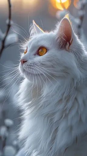 ↑↑↑ Larger size on website 🔸 A white cat with striking yellow eyes gazes intently upwards. Its long, fluffy fur is illuminated by 🔸 From Midjourney AI Image Cats Eyes, Yellow Cat Eyes, White Cat With Blue Eyes, White Cat With Yellow Eyes, White Cat With Purple Eyes, White Cat And Blue Eyes, White Cat Blue Eyes Aesthetic, Taurus Moon, Cat Whiskers