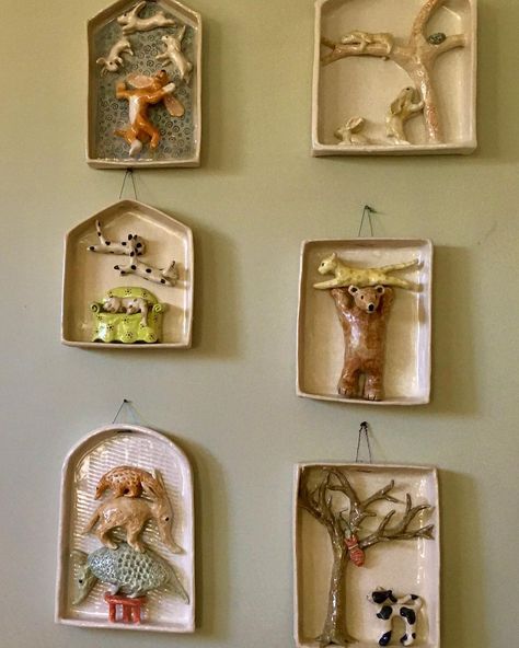 Lisa on Instagram: “shadowbox wall! #shadowboxart #slabbuilt #ceramicanimalsculpture #montgomerypotters #porcelainsculpture #happyartwork” Ceramic Shadow Boxes, Pottery Wall Plaques Ceramics, Ceramic Curiosity Shelf, Ceramic Assemblage, Reliquary Box Ideas Ceramics, Happy Artwork, Shadow Box Art, Ceramic Animals, Shadow Boxes