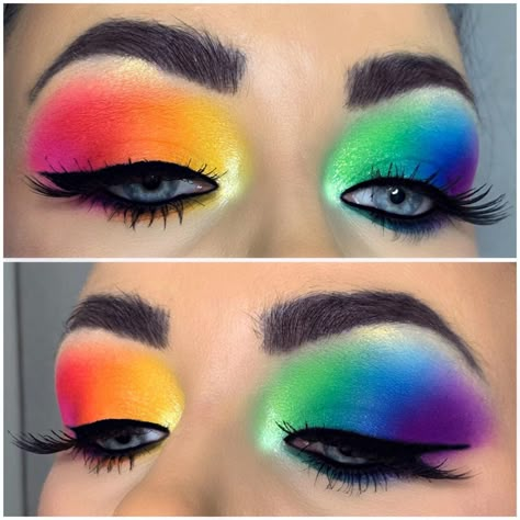 Rainbow Makeup Looks Easy, Easy Rainbow Makeup, Rainbow Witch Makeup, Simple Rainbow Makeup, Rainbow Halloween Makeup, Pride Face Paint Ideas, Rainbow Face Makeup, Rainbow Clown Makeup Halloween, Maquillage Pride