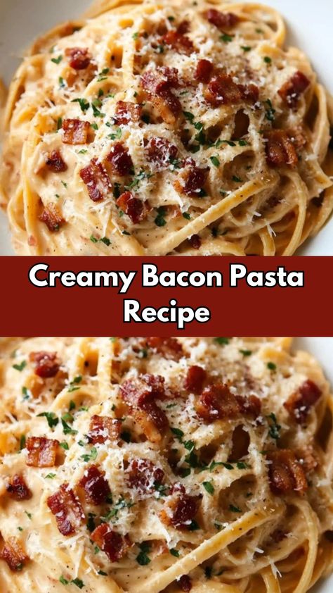 Indulge in this creamy bacon pasta recipe that’s loaded with flavor and perfect for any occasion. Made with crispy bacon, garlic, cherry tomatoes, and a luscious cream sauce, this dish is a crowd-pleaser. It pairs perfectly with Creamy Bacon Pasta, Creamy Ranch Chicken Recipe, Bacon Pasta Recipes, Bacon Recipes For Dinner, Bacon Dinner, Chicken Bacon Pasta, Bacon Dishes, White Sauce Pasta, Bacon Pasta