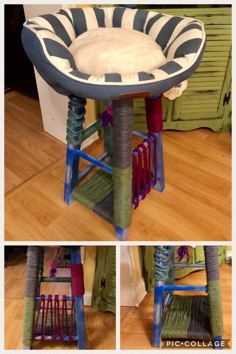 Barstool Cat Tree, Diy Cat Tree Out Of Old Furniture, Upcycle Cat Tree, Diy Scratching Post For Cats, Cat Furniture Diy Homemade, Cat Scratcher Diy, Cat Diy Projects, Homemade Cat Beds, Cat Trees Homemade