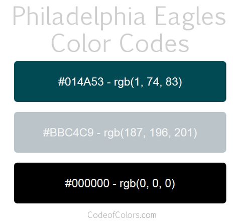 Philadelphia Eagles Team Color Codes Philadelphia Eagles Man Cave, Rgb Color Palette, Eagles Man Cave Ideas, Philadelphia Eagles Colors, Eagles Football Team, Nfl Team Colors, Philadelphia Eagles Logo, Philly Eagles, Rgb Color Codes