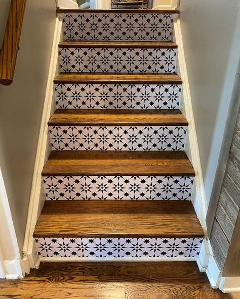 so.el.home on Instagram: "Stairway To Something Good ☺️" Peel And Stick Stair Risers, Stair Riser Vinyl, Tile Decals Stickers, Vinyl Stairs, Stairs Renovation, Tile Stickers Kitchen, Stair Riser Decals, Stair Stickers, Wall Waterproofing