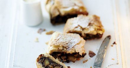 Pear, chocolate & marzipan strudel Austrian Strudel, Cherry Strudel, Morello Cherries, Pear Chocolate, Strudel Recipes, Seasonal Desserts, Filo Pastry, Flaky Pastry, Bbc Good Food Recipes