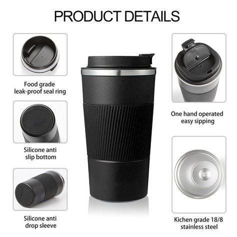 Home Payment Shipping About us Contact us Details Features: 1. Food grade SUS304 stainless steel, better thermal insulation performance, keep warm/cold for 8-10 hours, BPA free. 2. Non-slip silicone handle cover to hold the travel mug comfortably and safely. 3. Seal the food-grade silicone cup lid, so that even ants can't get into the bottle. 4. Minimalist and premium design with small hole design on the top for easy sipping. 5.380ml/510ml two capacity, just suitable for your coffee time.   Spec Coffee Flask, Mens Grooming Kit, Travel Car, Thermal Mug, Outdoor Cafe, Stainless Steel Thermos, Insulated Coffee Mugs, Insulated Bottle, Vacuum Flask