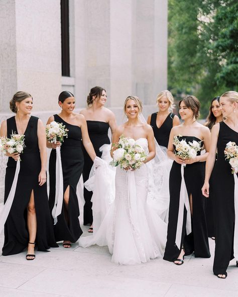 The Dessy Group | The perfect mismatched bridal party look in black. Save this one because black bridesmaid dresses are trending and you’re going to want to… | Instagram Flowers To Go With Black Bridesmaid Dresses, Black Bridesmaid Wedding Party, Black Elegant Bridesmaid Dresses, Black Bridesmaid Dresses Winter Wedding, Bridesmaids Black Dress, Black Bridesmaid Dresses Wedding Party, Black Dress Bridesmaid Wedding, Black Bridesmaids Dresses Mismatched, Bridal Party In Black