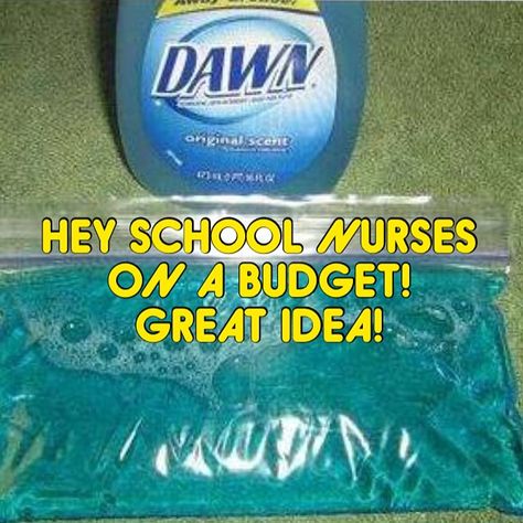 Here is a great idea for School Nurses with a Limited Budget!  Make disposable ice packs with ziplock freezer bags and Dawn dish soap.  The Dawn doesn't freeze completely and makes a gel like the soft type you can buy.  These are *just* as cold as any other ice packs, so make sure you give good instruction and place a towel of some type between the ice pack and the child's skin.- - click on pin for more!    - Like our instagram posts?  Please follow us there at instagram.com/pediastaff School Nurse Elementary, Nurse Bulletin Board, Nurse Office Decor, Idea For School, School Nurse Office, Nurse Decor, School Secretary, School Health, Nurse Office