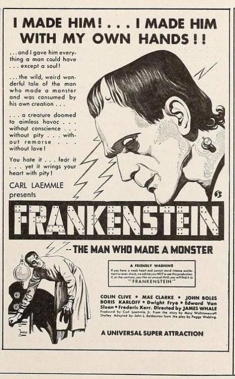 Frankenstein (1931) Frankenstein 1931, The Modern Prometheus, Frankenstein Art, Movie Ads, Monster Movies, Victor Frankenstein, Strange Creatures, Old Movie, Famous Monsters