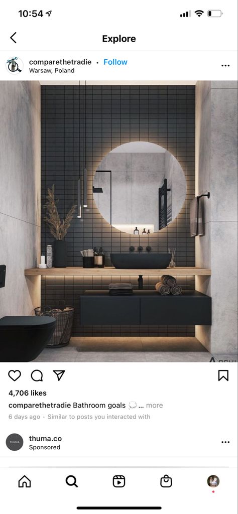 Black Sink Bathroom, Black Pendants, Powder Room Wallpaper, Modern Basement, Black Tile, Pool Bath, Black Sink, Black Toilet, Small Toilet