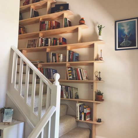 Shelving In Stairwell, Bookshelves Stairs Stairways, Shelves On Stairs, Bookshelves On Stairs, Shelf Stairs, Bookshelves Stairs, Stairs Bookshelves, Bookshelf On Stair Landing, Bookshelf Staircase Wall