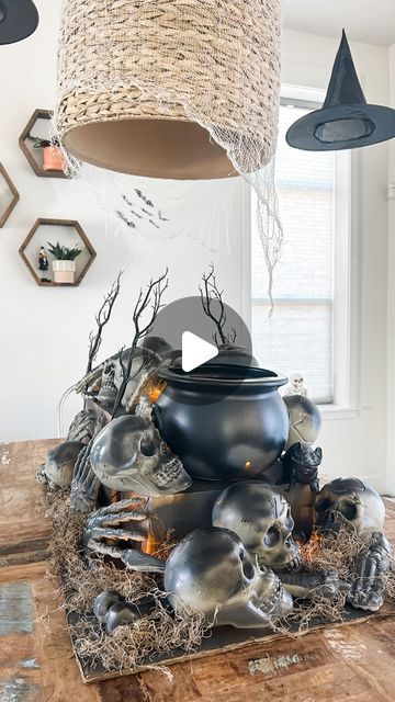 Kristyn Staneski on Instagram: "SPOOKY, SCARY SKELETON CENTERPIECE: Love the way this turned out last year, and it was super easy and inexpensive to make!

All from Dollar Tree: Hot glue gun Skeleton skulls, bones, cauldron, and branches onto cardboard. Spray paint black or gray to finish! Add flickering lights & moss for an extra touch ☠️ 💀 🎃 

#halloweendiy #halloween #spookyseason #dollartreediy #halloweendecor #halloweenspirit #dollartreecrafts #halloweencrafting #halloweendecorations #halloweenlife #halloweenvibes #halloweenobsessed #halloweenparty" Plastic Skeleton Crafts, Skeleton Centerpieces, Skull Centerpiece, Spooky Scary Skeleton, Bucket Crafts, Skeleton Craft, Scary Skeleton, Plastic Skeleton, Paint Black