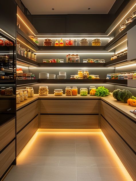 50 Pantry Organization Ideas for Every Home Kitchen Arrangement Ideas Storage, Home Pantry Ideas, Modern Walk In Pantry, Giant Pantry, Ikea Pantry Hack, Walkin Pantry Ideas, Snack Closet, Dream Pantry Walk In Luxury, Walk In Pantry Organization