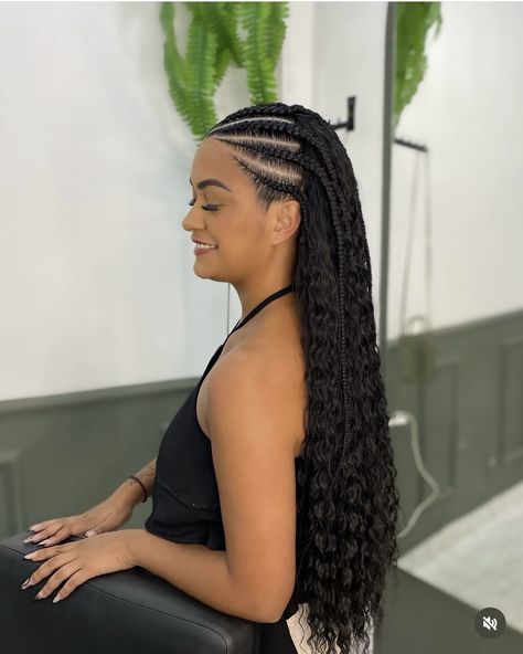 Braids With Weave Hairstyles, Braided Hairstyles For Curly Hair, Half Cornrows Half Curly Weave, Two Braids With Weave, French Braid With Weave, 2 Braids With Weave, Half Braids, Fulani Braids Hairstyles, Sew In Braids