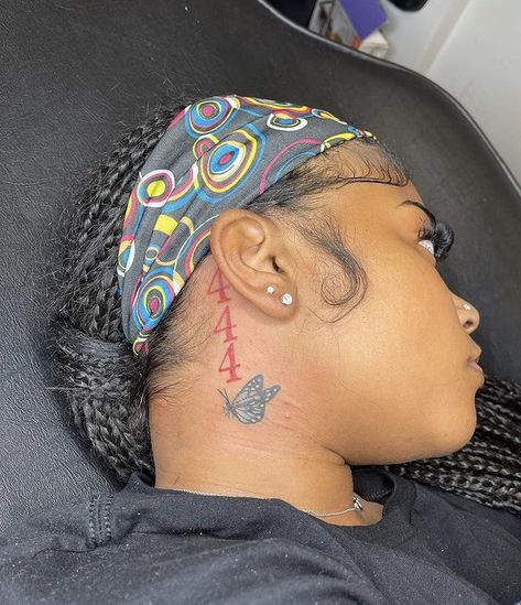 Cute Behind The Ear Tattoos Black Women, 444 Neck Tattoos Women, Side Ear Tattoo, 444 Neck Tattoo, Butterfly Neck Tattoo, Side Hand Tattoos, Cute Thigh Tattoos, Small Neck Tattoos, Girl Thigh Tattoos