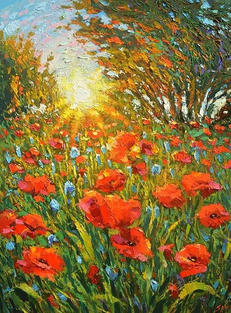 'Sunset Poppies' by Dmitry Spiros #artpic.twitter.com/aPNorISCGt Mixed Media Painting On Canvas, Field Paint, Palette Knife Art, Flower Landscape, Pin Art, Poppy Field, Sunset Painting, Media Painting, Contemporary Artwork