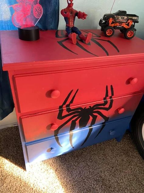 Spider Man Dresser Diy, Spider Man Room Ideas, Spiderman Dresser Diy, Spider Man Room Ideas Kids, Spiderman Bedroom Ideas, Spiderman Drawer, Spiderman Dresser, Spider Man Bedroom Ideas, Super Hero Dresser