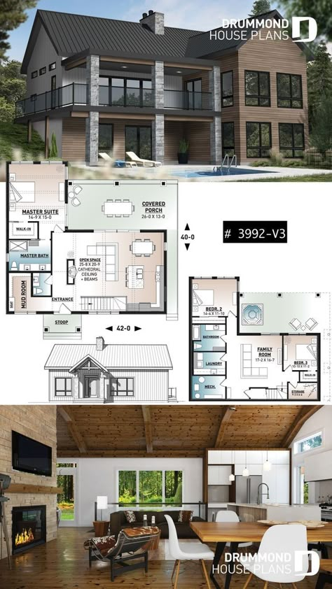 House Plans 2 Floors Modern, Cottage Modern House, House Blue Prints, House Ideas Plans, Waterfront House Plans, Sims 4 Floor Plans, Modern Rustic Cottage, Lakefront House Plans, Modern House Ideas