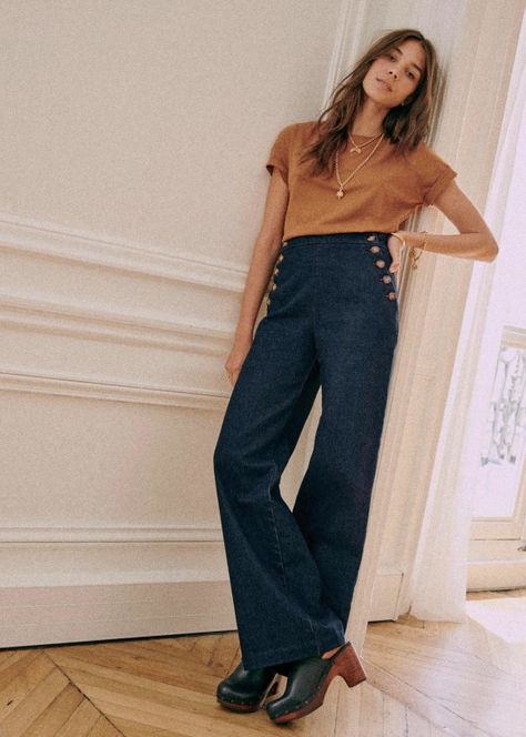 Sezane Denim, Pant Trousers Women, Wide Leg Denim Pants, Fashion French, Style Parisienne, Ladies Pants, Gamine Style, Paris Mode, Jeans High Waist