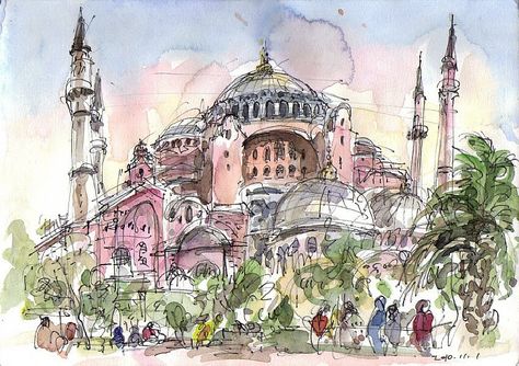 Hagia Sophia, Istanbul Voyage Sketchbook, Hagia Sophia Istanbul, Large Building, Watercolor Architecture, Travel Sketches, Islamic Artwork, Architectural Sketch, Hagia Sophia, Turkish Art