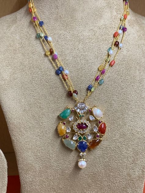 Navaratna Pendants, Navratna Pendant, Navratna Jewellery, Navaratna Necklace, Navratna Necklace, Gold Bridal Necklace, Gold Jewelry Outfits, Diamond Wedding Jewelry, Antique Jewellery Designs