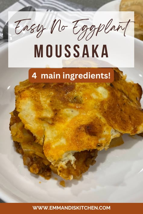 Moussaka (Musaka) is a traditional Greek dish but it is also a staple in lots of other Eastern European cuisines. The recipe I am sharing with you is how my family and other Bulgarian families have been making moussaka for decades. Made with cubed potatoes, ground beef, tomato sauce, onion, and seasonings. This easy 4-ingredients Moussaka is a warm and comforting meal and it is perfect for a family dinner. Moussaka Recipe Greek Easy, Musaka Recipe, Ground Beef Tomato Sauce, Potatoes Ground Beef, Beef Tomato Sauce, Eggplant Moussaka, Beef Tomato, Moussaka Recipe, Yogurt Toppings