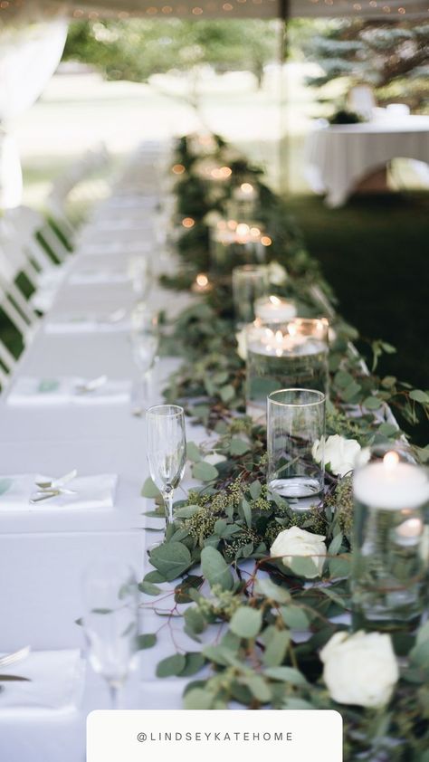 Garden Wedding Florals, Outdoor Wedding Tent, Budget Friendly Wedding Centerpieces, Wedding Decor Garden, White Rose Centerpieces, Head Table Wedding Decorations, Eucalyptus Wedding Decor, Outdoor Tent Wedding, Head Table Decor