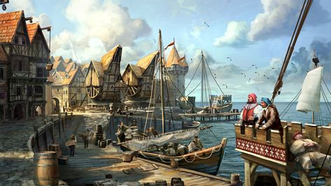 Medieval Harbor, Venice Wallpaper, Fantasy Village, Fantasy Town, Harbor Town, Harbour Town, Medieval World, Fantasy City, Fantasy Places