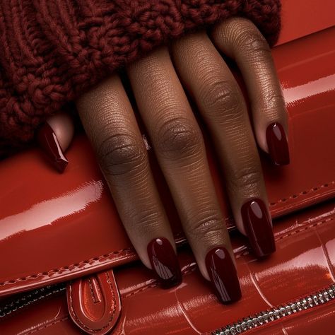 Cherry Red Nails Square, Dark Red Square Acrylic Nails, Short Red Acrylics, December Nails Square, Short Square Nails Winter, Cherry Red Nails Acrylic, Red Nails Black Women, Brown Skin Nails, Wine Colored Nails