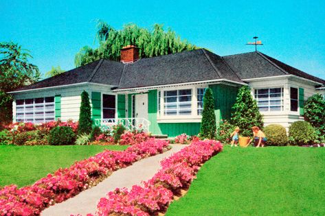 Retro Backyard, Garden Retreat Ideas, House In The Suburbs, Mid Century Landscaping, Rental Makeover, 50s House, Sunroom Porch, Curbside Appeal, 60s House