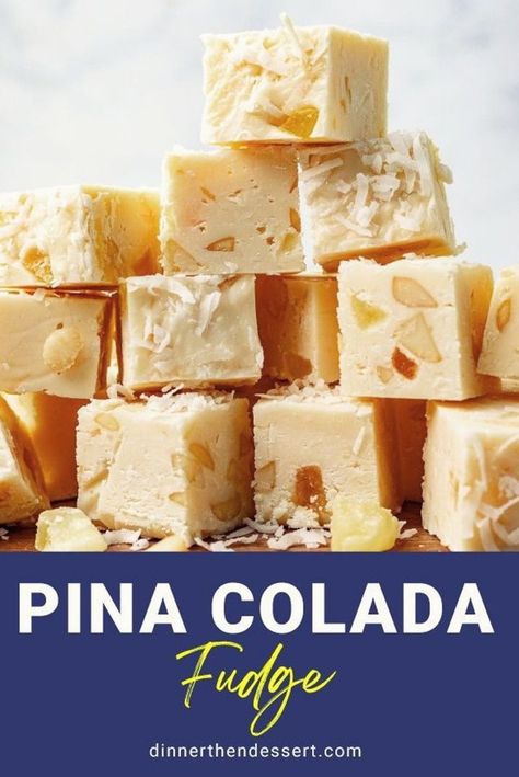 Pina Colada Fudge is a decadent pineapple fudge full of tropical flavor. White chocolate fudge with nuts, pineapple, coconut and rum extract. Put them out on a tray at your next get-together to wow your guests with the sweet tropical flavor. Payday Fudge, Gourmet Fudge Recipes, Fudge Flavors Unique, Unique Fudge Recipes, Pineapple Fudge, Paleo Substitutes, Fruit Fudge, Lime Fudge, Fantastic Fudge