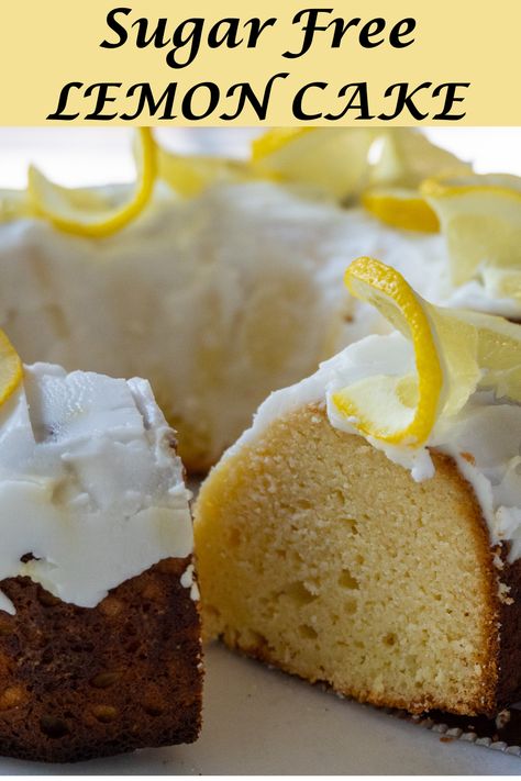 This Sugar Free lemon cake is so moist and has the perfect texture of a pound cake with a delicious glaze on top. It has a light lemony flavor from lemon extract and lemon zest and is a delicious low carb treat! Sugar Free Lemon Desserts, Sugar Free Yellow Cake Recipe, Sugar Free Pound Cake Recipe, Lemon Pond Cake, Sugar Free Lemon Cake, Keto Lemon Pound Cake, Sugar Free Yellow Cake, Gluten Free Pound Cake, Sugar Free Icing