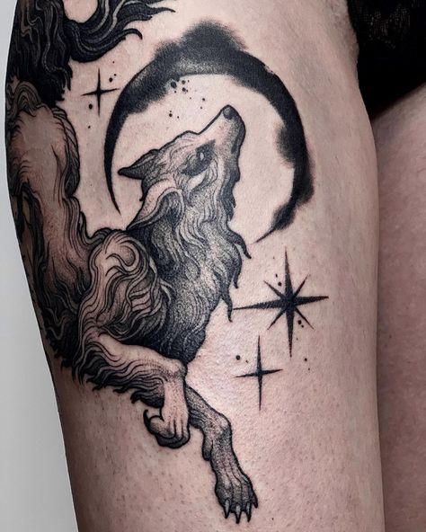 Two Wolves Tattoo, Fenrir Tattoo, Gotik Tattoo, Word Tattoo Ideas, Floral Thigh Tattoos, Word Tattoo, Wrist Tattoos For Guys, Gothic Tattoo, Tattoo Project