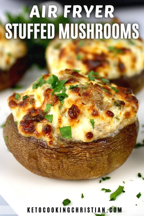 Stuffed Mushrooms Air Fryer Recipes, Air Fry Stuffed Portabella Mushrooms, Mushroom Caps Air Fryer, Ww Stuffed Mushrooms, Keto Stuffed Mushrooms Air Fryer, Air Fryer Stuffed Mushrooms Recipe, Airfryer Mushroom Recipes, Hamburger Stuffed Mushrooms, Stuffed Portable Mushrooms