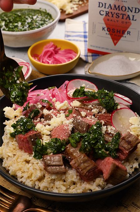 Chimichurri Steak and Rice Bowl Chimichurri Steak, Steak And Rice, Cotija Cheese, Chimichurri Sauce, Veggie Bowl, Water Softener, Grilled Steak, Pickled Red Onions, Flank Steak