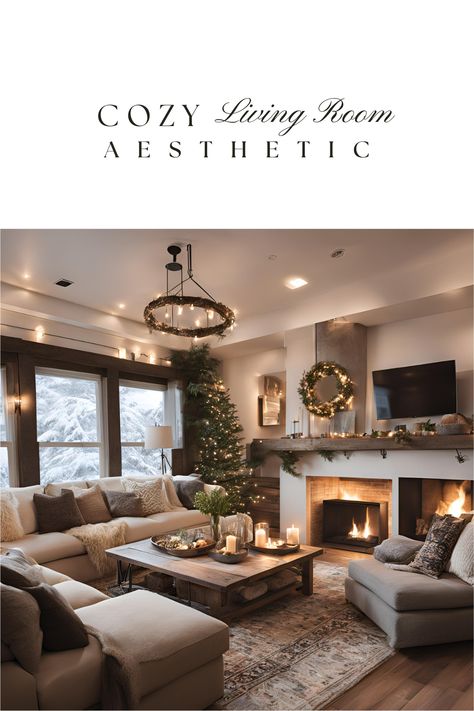 Cozy living room decor inspiration  #cozy #homedecor #aesthetic Winter Cozy Living Room, Cozy House Fireplace, Cozy And Warm Living Room, Big Cozy Living Room, Cozy Living Room With Tv, Warm Living Room Aesthetic, Cozy Tv Room Ideas, Cozy Living Rooms With Fireplace, Winter Living Room Decor Cozy