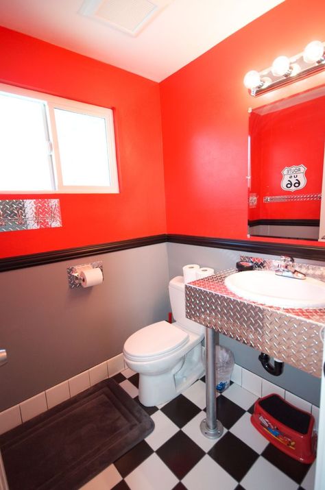 disney themed bathrooms | Disney Cars themed bathroom, complete with bathroom finishes by http ... Shop Bathroom Ideas, Garage Bathroom, Man Cave Bathroom, Automotive Shops, Car Shopping, Mechanic Shop, Themed Bathroom, Cars Room, Car Bedroom