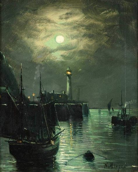 @moonarthistory on Instagram: “Walter Linsley Meegan ○ Harbour Scene by Moonlight ○ 1859-1944.” Harbor Painting, Moonlight Painting, Gustave Courbet, Boat Art, English Art, English Artists, Wassily Kandinsky, Painting Illustration, Urban Art