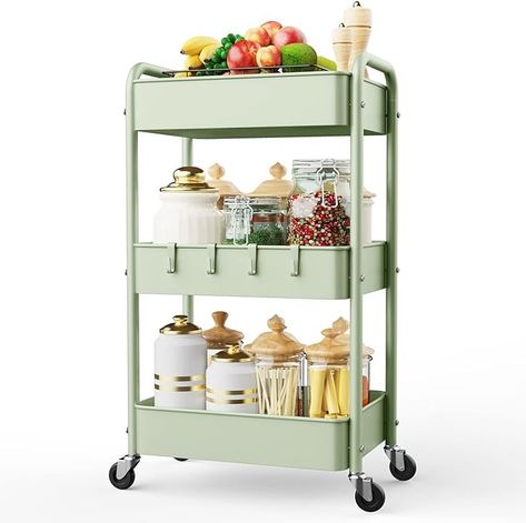 Amazon.com : LEHOM 3 Tier Rolling Storage Cart, Metal Trolley Utility Cart with Wheels & Hooks, Easy Assembly Organizer Storage Cart for Bathroom Kitchen Office Bedroom (Green) : Office Products Cart For Bathroom, Organization Cart, Rolling Utility Cart, Cart With Wheels, Office Color, Rolling Storage Cart, Metal Basket, Storage Trolley, Utility Storage