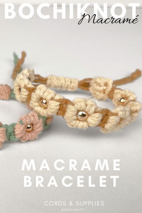 Looking for an easy and beautiful macrame project? Check out these macrame friendship bracelet patterns that anyone can make! Perfect for beginners and seasoned crafters alike, these patterns will help you create stunning, personalized gifts for your friends. Shop www.bochiknot.com for all your macrame cord and supplies needs. Friendship Bracelet With Beads, Make A Friendship Bracelet, Macrame Daisy, Daisy Bracelets, Beads Macrame, Macrame Flower, Bracelet With Beads, Friendship Bracelets With Beads, Daisy Bracelet