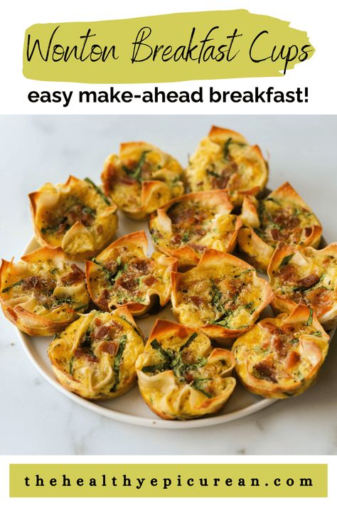 These cheesy wonton breakfast cups are an easy make-ahead breakfast option that will have you looking forward to your mornings all week. Wonton wrappers are filled with veggies, sausage, cheddar, eggs, and spices before being baked to perfection! Wonton Breakfast, Wonton Wrapper Recipes, Egg Cups Breakfast, Wonton Recipes, Easy Mediterranean Diet Recipes, Breakfast Bites, Wonton Wrappers, Breakfast Cups, Sausage And Egg