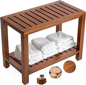 Teak Shower Bench - with Shelf, 25 Inch, Wooden Seat Stool for Bathroom, Spa, Garden, Fully Assembled, The Akar 25 Bench For Bathroom, Wooden Shower Bench, Stool For Bathroom, Spa Garden, Teak Shower Stool, Bathroom Seat, Bathroom Bench, Bath Bench, Teak Shower Bench