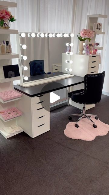 VANITY COLLECTIONS on Instagram: "Adding a table to our beauty corner   We used  2 x Ikea lack shelves  1 x Ikea alex 9 drawer  Ikea lack desk - black top with 1 x alex 6 drawer unit and 2 white ikea legs  We then added from our website  1 x VC PRO DELUXE HOLLYWOOD MIRROR 1 x VC BLACK VANITY CHAIR 1 x VC GRID TRAY and mini tray for makeup brushes  AND VC DISPLAY TRAY in the 5 drawer unit  1 x VC GLOW UP PERFUME STAND  Alex 9 drawer until filled it out acrylic drawer organisers.  Tap the reel to shop  🇦🇺 Perth Pick Up welcome 🌍 world wide shipping. 💰 Afterpay and Zippay available" Bedroom Table Ideas Desks, Makeup Vanity Alex Drawers, Ekby Alex Vanity, Ikea Dressing Table Alex Drawers, Ikea Makeup Table, Ikea Makeup Vanity Alex Drawer, Ikea Alex Drawers Black, Ikea Vanity Ideas, Ikea Makeup Table Black