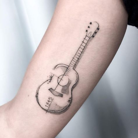 Minimal Guitar Tattoo, Fine Line Guitar Tattoo, Minimalist Guitar Tattoo, Small Guitar Tattoo, Tattoo Guitar, Deep Meaningful Tattoos, Henna Fun, E.t Tattoo, Guitar Tattoo Design