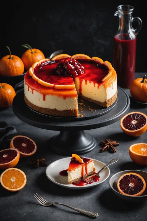 A photo of a  Blood Orange Cheesecake which is a type of halloween cheese cakes Cheesecake Recipes Halloween, Halloween Themed Cheesecake, Orange Halloween Party Food, Blood Orange Cheesecake, Spider Web Cheesecake, Gothic Dinner, Halloween Cheesecake, Orange Cheesecake, Spooky Dinner