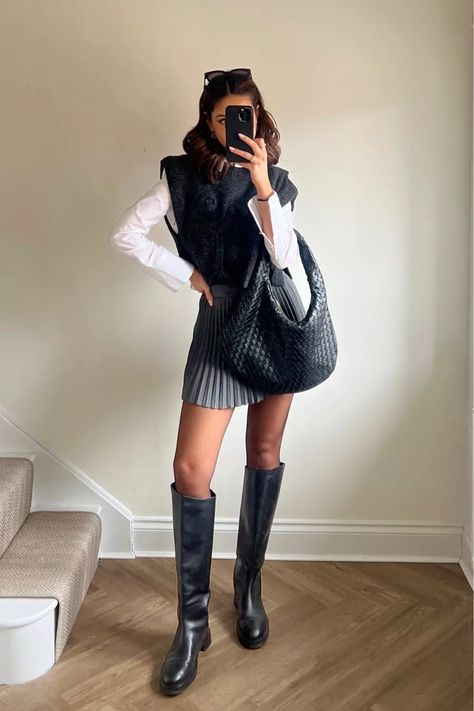 Riding Boot curated on LTK Long Skirt Tall Boots, Riding Boots Outfit, Black Riding Boots Outfit, Rain Boot Outfit, Riding Boot Outfits, Flat Leather Boots, Leather Pleated Skirt, Black Riding Boots, Black Leather Flats