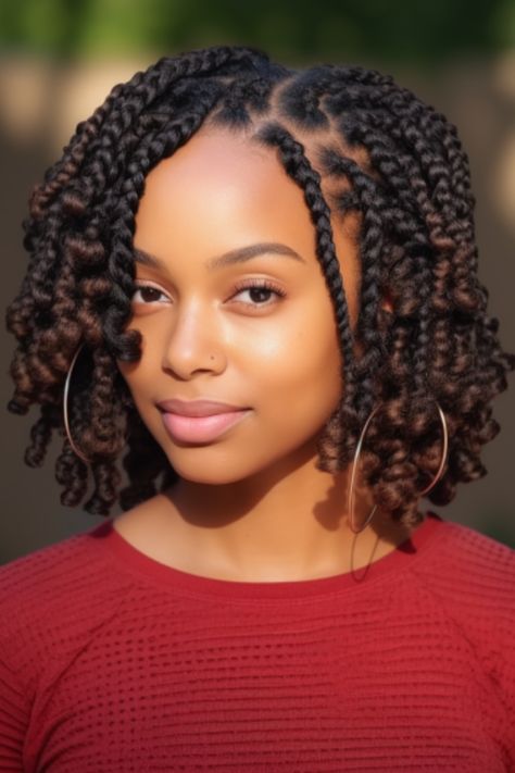 Short box braids with curly ends offer a youthful and low-maintenance protective style. These curls add a touch of femininity and playfulness while the shorter length makes maintenance effortless. Click here to check out more trending box braids hairstyles for black women. Short Curly Braids For Black Women, Braids For Short Hair Black Women, Trending Braids For Black Women, Short Hairstyle Women Braids, Single Braids For Black Women, Short Braided Hairstyles For Black Women, Short Box Braids Styles, Trending Hairstyles For Black Women, Short Braid Styles