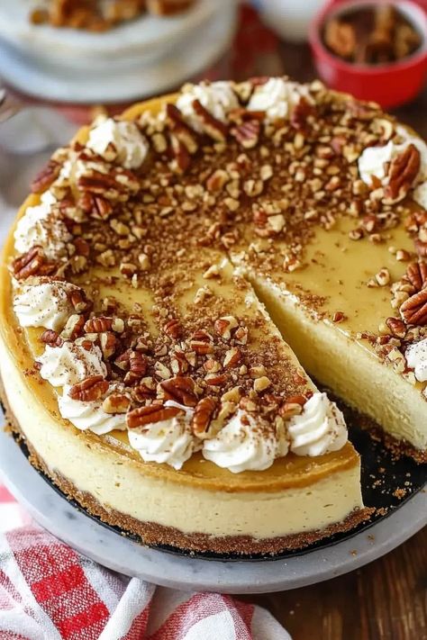 Browned Butter Pecan Cheesecake Vanilla Bean Brown Butter Cheesecake, Brown Butter Cheesecake, Butter Pecan Cheesecake, Pecan Pie Cheesecake Recipe, Rich Cheesecake, Pecan Pie Cheesecake, Cheesecake Crust, Pecan Cheesecake, Maple Brown