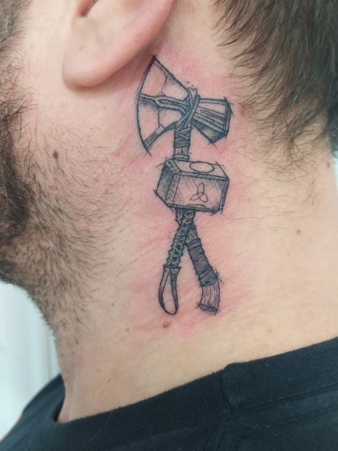 Mjölnir and Stormbreaker Tattoo Mjolnir And Stormbreaker Tattoo, Thor Stormbreaker Tattoo, Mjolnir Tattoo Marvel, Stormbreaker Tattoo, Thor Tattoo Ideas, Mjolnir Tattoo Design, Small Marvel Tattoo Ideas, Thors Hammer Tattoo, Mjolnir Tattoo