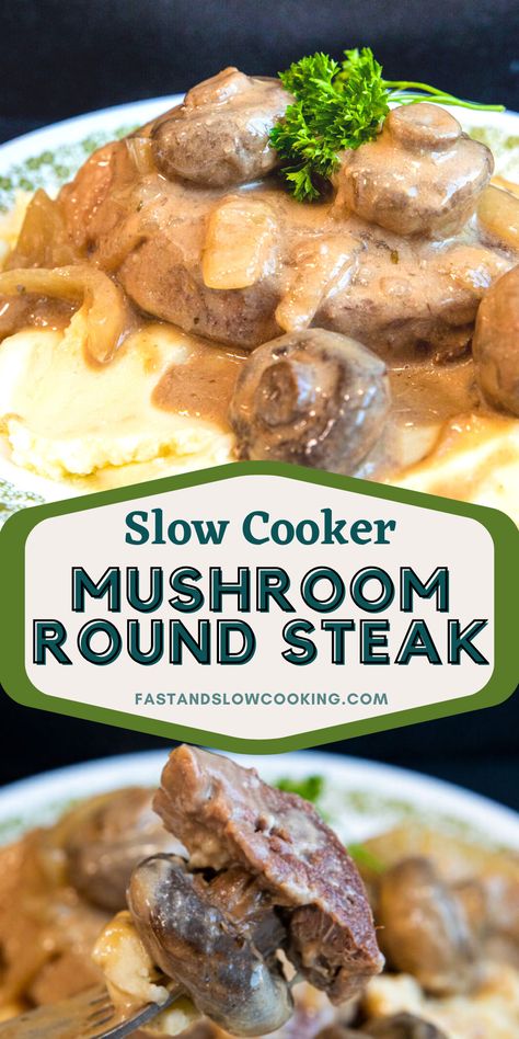 Creamy Mushroom Round Steak Round Steak Recipes Crock Pot Cream Of Mushroom Soup, Round Steak And Mushroom Gravy, Round Steaks In Crockpot, Round Steak Mushroom Gravy, Crock Pot Round Steak And Gravy, Swiss Steak Recipes Crockpot Mushroom Soup, Creamy Swiss Steak, Round Steak With Mushroom Gravy, Round Steak In The Crockpot